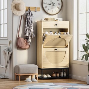 Hooseng Freestanding Faux Wooden Shoe Rack, Entryway Organizer with 2 Natural Rattan Flip Cabinet Drawers for Hallway, Living Room, Bedroom - 1 of 4