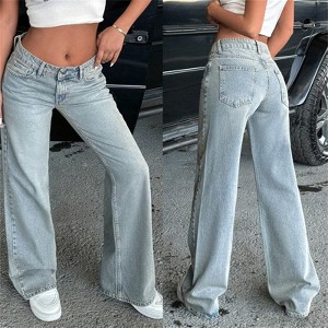 Clotth Women's Low Rise Baggy Wide Leg Jeans - Casual Relaxed Fit Denim Pants with Pockets, Button and Zipper Closure, Wide-leg Trousers, Blue - 1 of 4