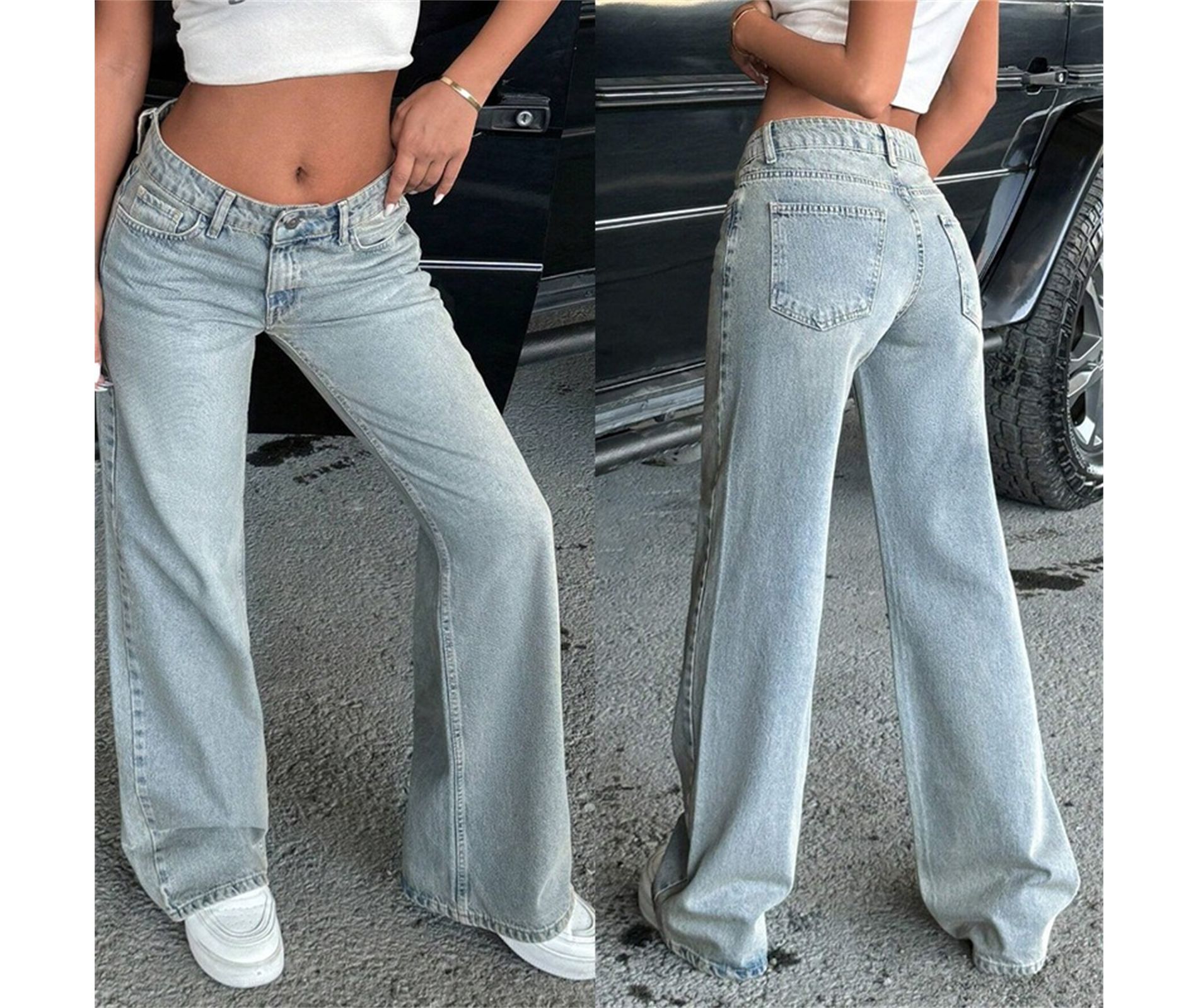 Clotth Women's Low Rise Baggy Wide Leg Jeans - Casual Relaxed Fit Denim Pants with Pockets, Button and Zipper Closure, Wide-leg Trousers, Blue