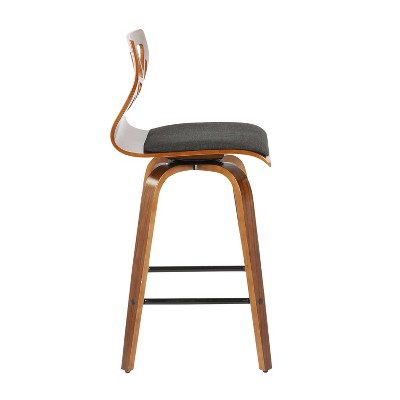 Set of 2 Charcoal Upholstered Folia Mid-Century Modern Walnut Barstools