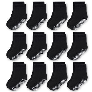 CozyWay Non-Slip Crew Grip Kids Socks, 12 Pack for Boys & Girls, Black, 5-7 Years Old - 1 of 4