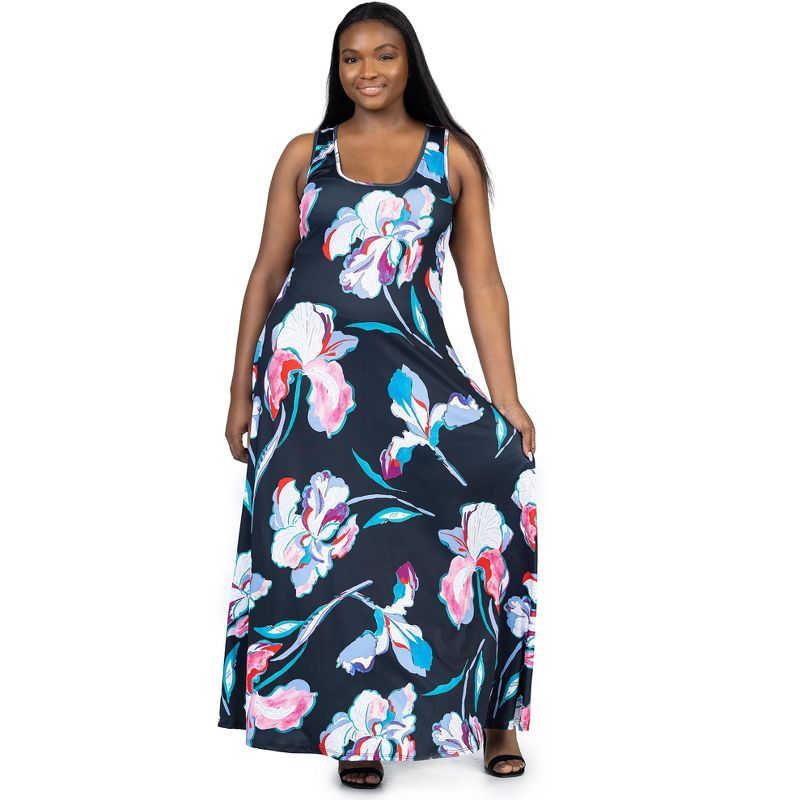 24seven Comfort Apparel Plus Size Black Floral Print Scoop Neck A Line Sleeveless Maxi Dress, 4 of 7