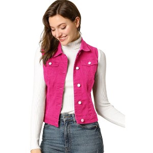 INSPIRE CHIC Women's Buttoned Washed Denim Vest with Faux Chest Flap Pockets - 1 of 4