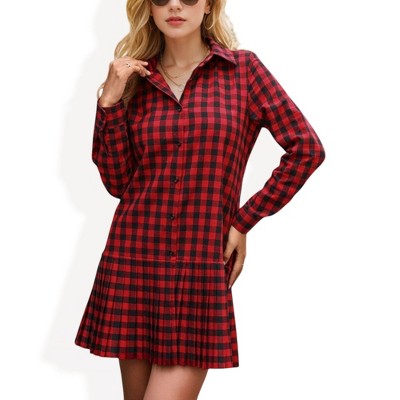 Anna-Kaci Women's Plaid Button-Up Shirt Dress with Pleated Hem