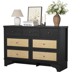 47.3" 7 Drawer Dresser with Natural Rattan Drawers, Wood Chest with Sturdy Base, Bedroom Storage Organizer for Living Room & Entryway - 1 of 4