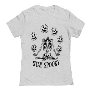 Rerun Island Women Stay Spooky Skeleton Pumpkins Short Sleeve Graphic Cotton T-Shirt - 1 of 4