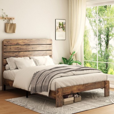 NicBex Full/Queen/King Natural Style Bed Frame with Wooden High Headboard,Modern Platform Bed for Bedroom,No Box Spring Needed