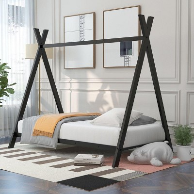 Streamdale House Bed Tent Bed Frame Twin Size Metal Floor Playhouse Bed With Slat For Kids Girls Boys
