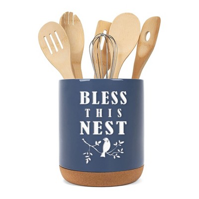 Elanze Designs Bless This Nest Navy Blue X-Large Cork Bottom Kitchen Utensil Holder
