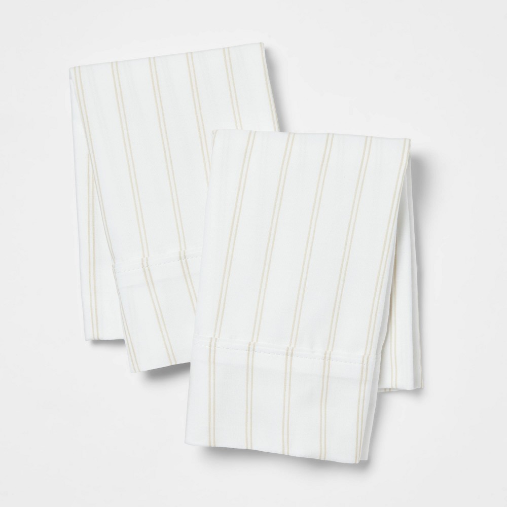 Standard 300 Thread Count Ultra Soft Printed Pillowcase Khaki Stripe - Threshold™ (3 packs)