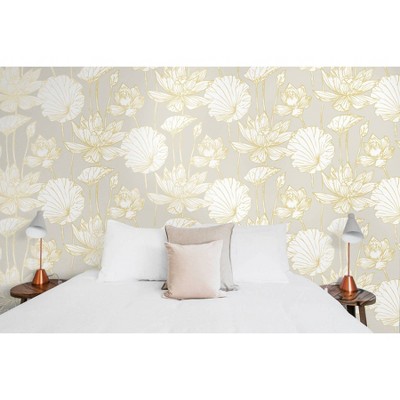 Metallic Gold and Gray Lotus Floral Peel and Stick Wallpaper