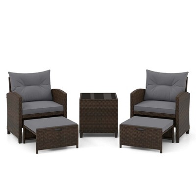 Tangkula Set of 5 Rattan Furniture w/ 2 Wicker Ottomans & Tempered Glass Coffee Table Patio Gray