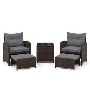 Tangkula Set of 5 Rattan Furniture w/ 2 Wicker Ottomans & Tempered Glass Coffee Table Patio Gray - 1 of 4