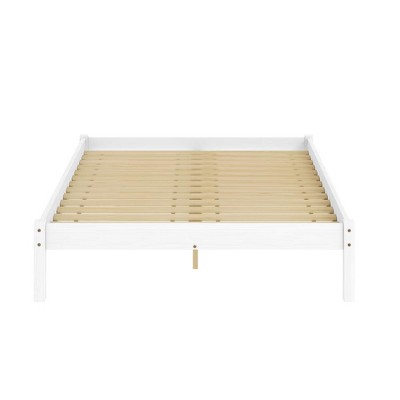 DOMETOUR Solid Pine Wood Basic Platform Bed Full White with Full Slats Honey Wax Finish