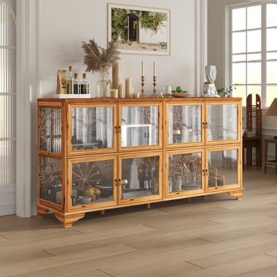 FUFU&GAGA 8-Door Bookshelves Display Cabinet with Glass Doors & Floral Wood Panels-78.7"