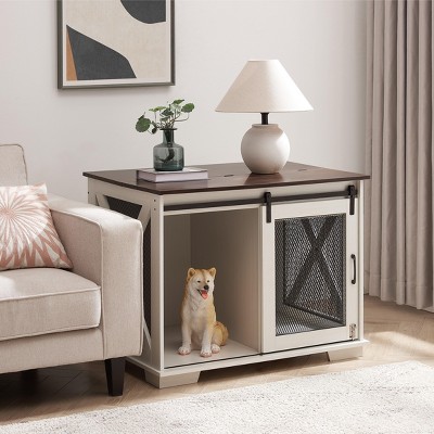 Farmhouse Dog Crate Furniture with Sliding Barn Door, Wooden Dog Kennel End Table with Flip-Top, Divider for Small/Medium/Large Dogs, White - Nertpow
