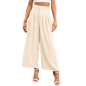 Women High Waisted Wide Leg Palazzo Pants, Flowy Pants Loose Fit Elastic Waist Pleated Trousers Comfy Elegant Business Casual Straight Leg Dress Pants - 1 of 4