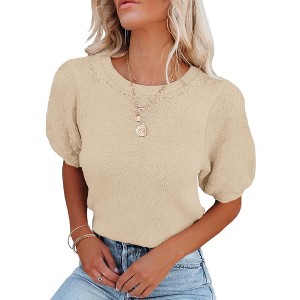 Women's Lightweight Short Sleeve Crewneck Sweaters Knit Pullover Tops with Casual Crochet Sleeve Blouse,Apricot(Basic Sleeve) - S - 1 of 3