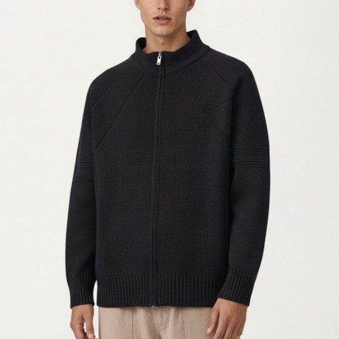 Anna-Kaci Men's Long Sleeve Full Zip Knit Sweater Jacket with Stand Collar Ribbed Trim and Relaxed Fit - Large, Black