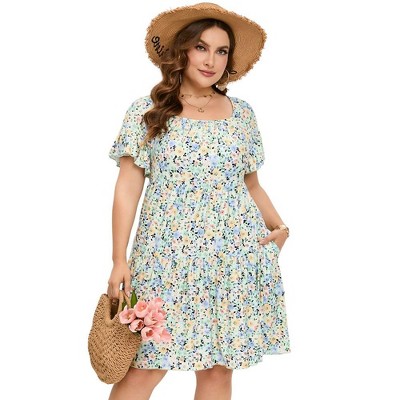 LXT- Women's Plus Size Square Neck Ruffle Sleeve Flowy Floral Summer Midi Dress with Pockets