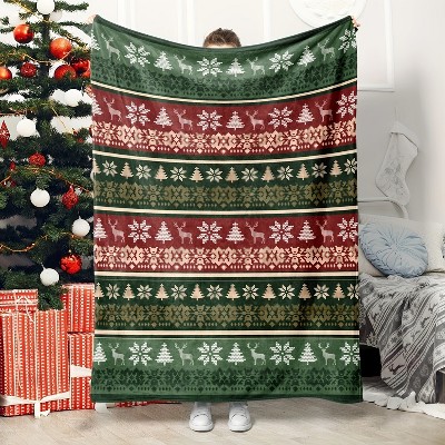 1pc Christmas Winter Flannel Blanket Simple Poinsettia Christmas Tree Pine Deer Red Green Soft Throw Blanket for Xmas Holiday.