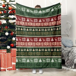 1pc Christmas Winter Flannel Blanket Simple Poinsettia Christmas Tree Pine Deer Red Green Soft Throw Blanket for Xmas Holiday. - 1 of 4