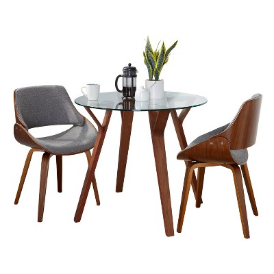Folia Round Walnut and Glass Dining Set with Gray Chairs