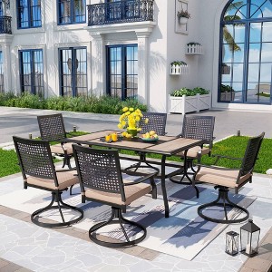 7pc Outdoor Dining Set with Swivel Chairs & Faux Wood/Metal Table with Umbrella Hole - Captiva Designs: Powder-Coated Steel Frame - 1 of 4