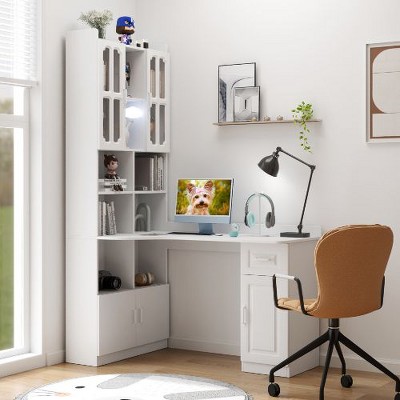 CENGHU L-Shaped Computer Desk with 4 Cabinets, Drawer & Open Shelf, Space-Saving 2-in-1 Design Corner Desk, Modern Home Office Desk with Hutch
