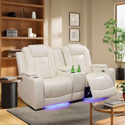 MAYEERTY Power Reclining Loveseat Sofa, Electric 2-Seat Leather Recliner with USB Charging, Storage & Cup Holders for Living Room, White