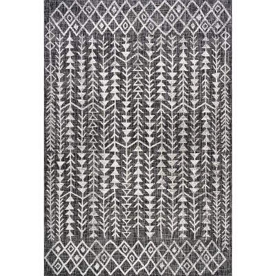 Black and Ivory Geometric Bohemian Indoor/Outdoor Rug