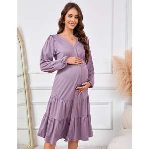 WhizMax Womens Maternity Dresses Fall Long Sleeve Midi Dress Casual V Neck Button Down Tiered Flowy Aline Waist Shirt Dress - 1 of 4