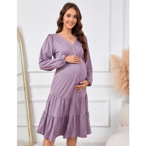 Whizmax Womens Maternity Dresses Fall Long Sleeve Midi Dress Casual V Neck Button Down Tiered Flowy Aline Waist Shirt Dress Pink Purple Small Target