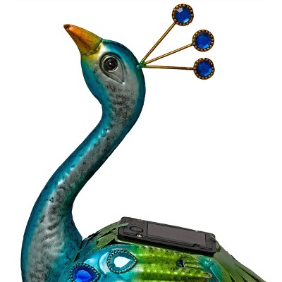 Solar-Powered Blue and Green Metal Peacock Garden Sculpture with LED Light, 20"