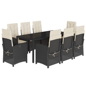 vidaXL 9 Piece Patio Dining Set - Reclining Chairs & Tempered Glass Table - Black PE Rattan, Cream Cushions - 1 of 4