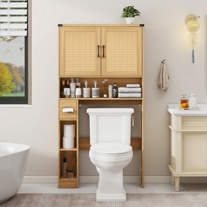 Over The Toilet Storage Cabinet, Farmhouse Storage Cabinet with 2 Rattan Barn Doors & Toilet Rack, Rattan Oak - 1 of 4