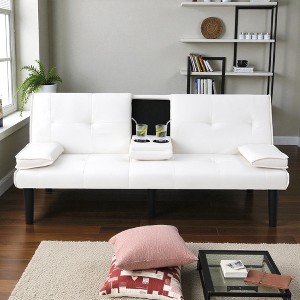 67" Convertible Sofa Bed with Foldable Backrest and Cup Holders, 2-Seater PVC Upholstered Sleeper Couch for Living Room or Office - 1 of 4