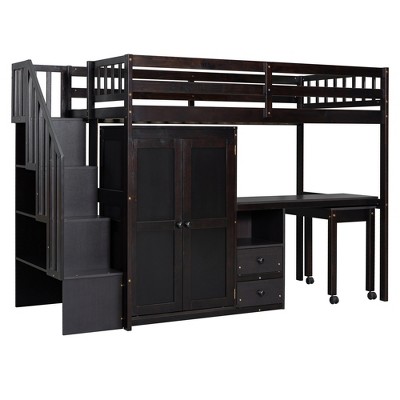 Bellemave Twin Size Wood Loft Bed with Desk and Wardrobe, Modern Style Loft Bed with Drawers and Movable Desk, Storage Staircase Bookcase,Espresso