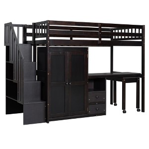 Bellemave Twin Size Wood Loft Bed with Desk and Wardrobe, Modern Style Loft Bed with Drawers and Movable Desk, Storage Staircase Bookcase,Espresso - 1 of 3