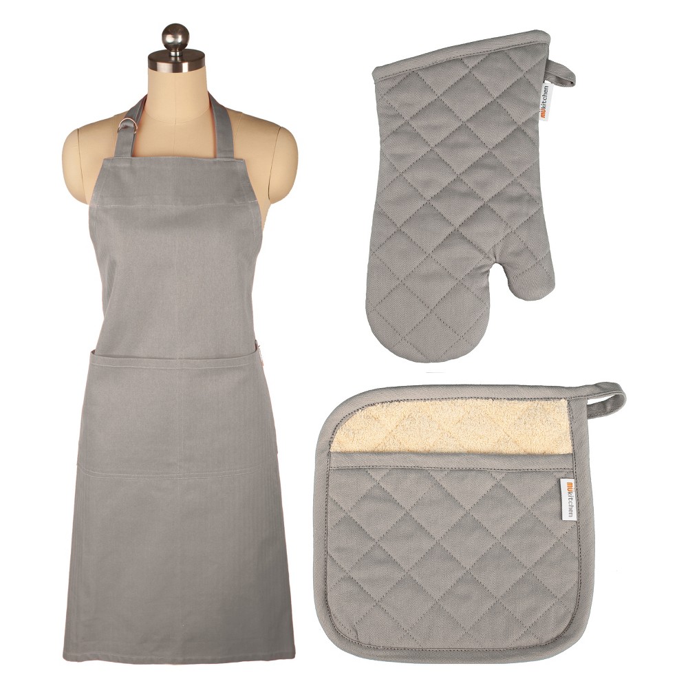 Cooking Apron/Mitt/Pot holder 3pc Set Gray - Mu Kitchen: Cotton Kitchen Textile Set, Herringbone Pattern