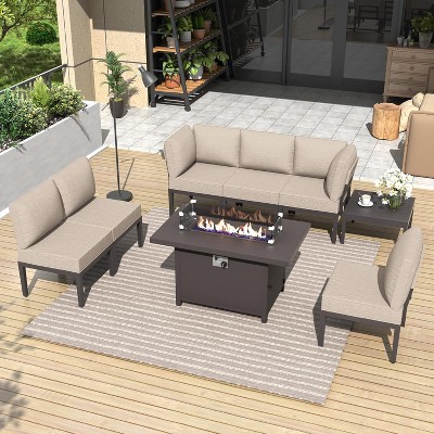 ALAULM 8 Pieces Metal Patio Furniture Set Modern Metal Outdoor Conversation Sets w/45in Propane Fire Pit Table, Patio Sectional Sofa, Sand