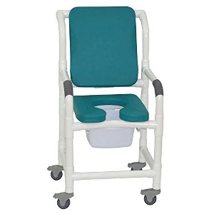 MJM International Corporation Shower Chair 18 In Width 3 In Total Locking Casters Blue Seat Cushion Padded Back 10 Qt Slide Out Commode 300 Lbs Wt - 1 of 1