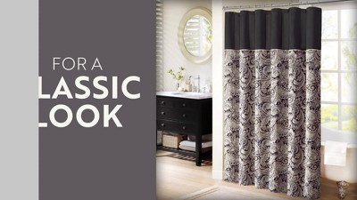 Navy Paisley Jacquard Shower Curtain with Color Block Panel