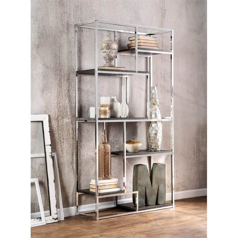 Jan Modern Metal 6-Shelf Bookcase in Chrome - Furniture of America, 2 of 10