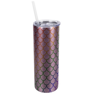 Elanze Designs Rose Gold 20 Ounce Double Wall Stainless Steel Glitter Travel Tumbler With Sliding Lid And Straw, Rainbow Mermaid Scales