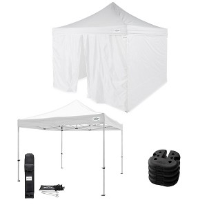 Caravan Canopy 10 x 10' Commercial Tent Sidewalls with TitanShade 10 x 10' Steel Frame Portable Instant Canopy Kit and 4 6-Pound Cement Weight Plates - 1 of 4