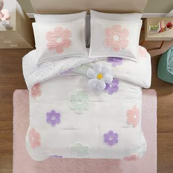 Elle Floral Reversible Tufted Chenille Kids' Comforter Set with Flower Throw Pillow White/Purple - Urban Habitat