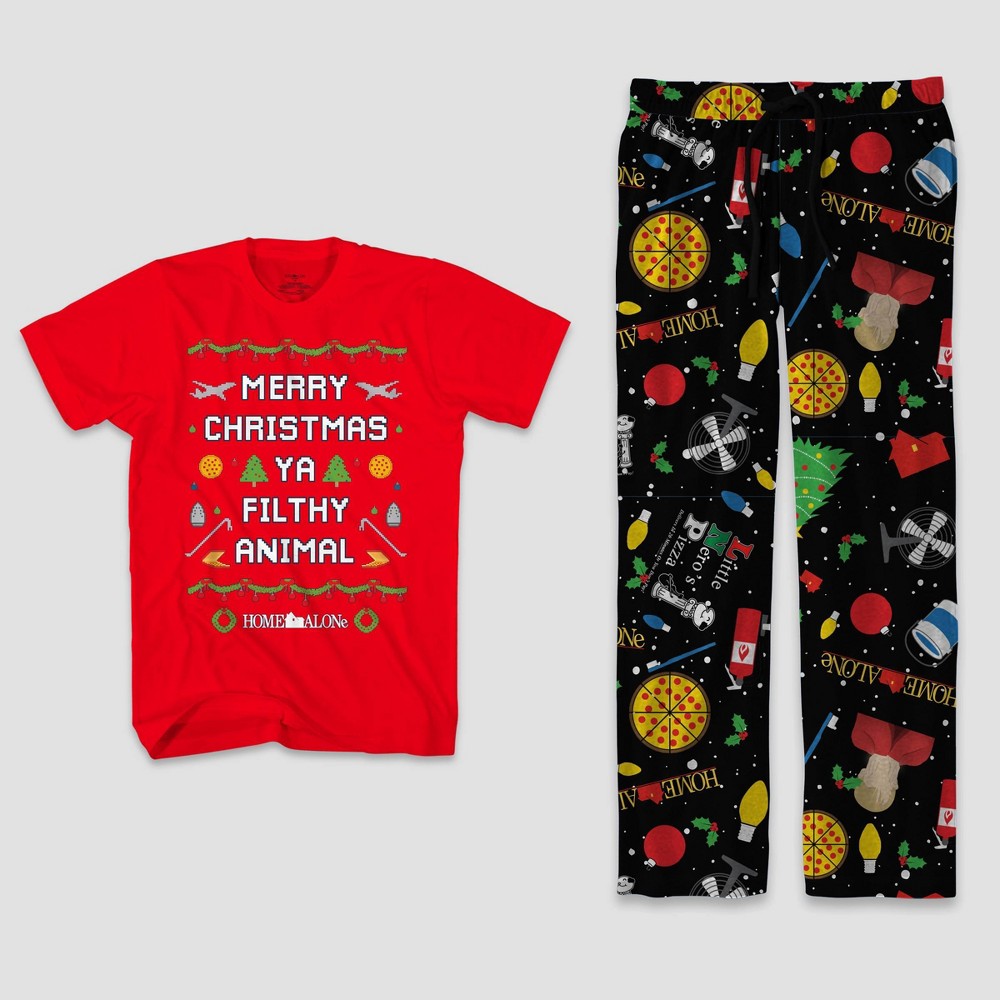 Men's Home Alone Sleep Pajama Set 2pc - Red/Black M