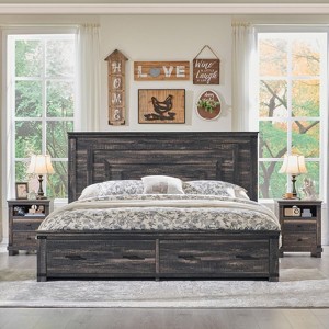 SinCiDo Queen Size Farmhouse Bed Frame, 54" Tall Geometric Headboard & 2 Storage Drawers ,Solid Wood Platform w/Reinforced Slats - 1 of 4