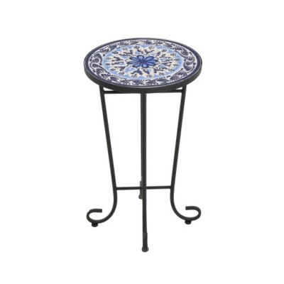 Syemin End Tables Patio Side Table with Shelf, Outdoor Round End Table with Weather Resistant Ceramic Tile Tabletop, Black, 14"*14"*23.25"